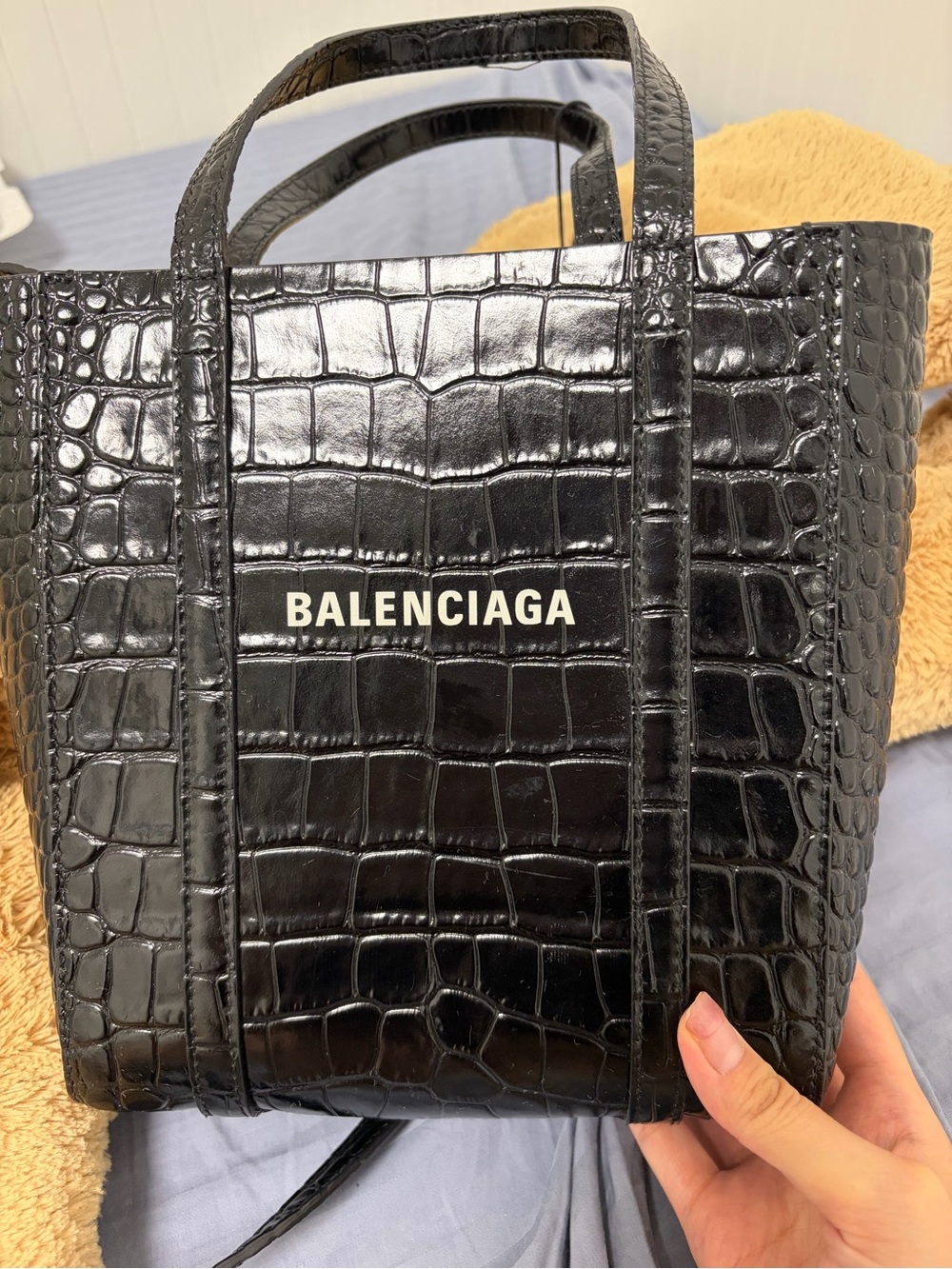 Balenciaga Black Croc-Embossed Leather Tote Bag